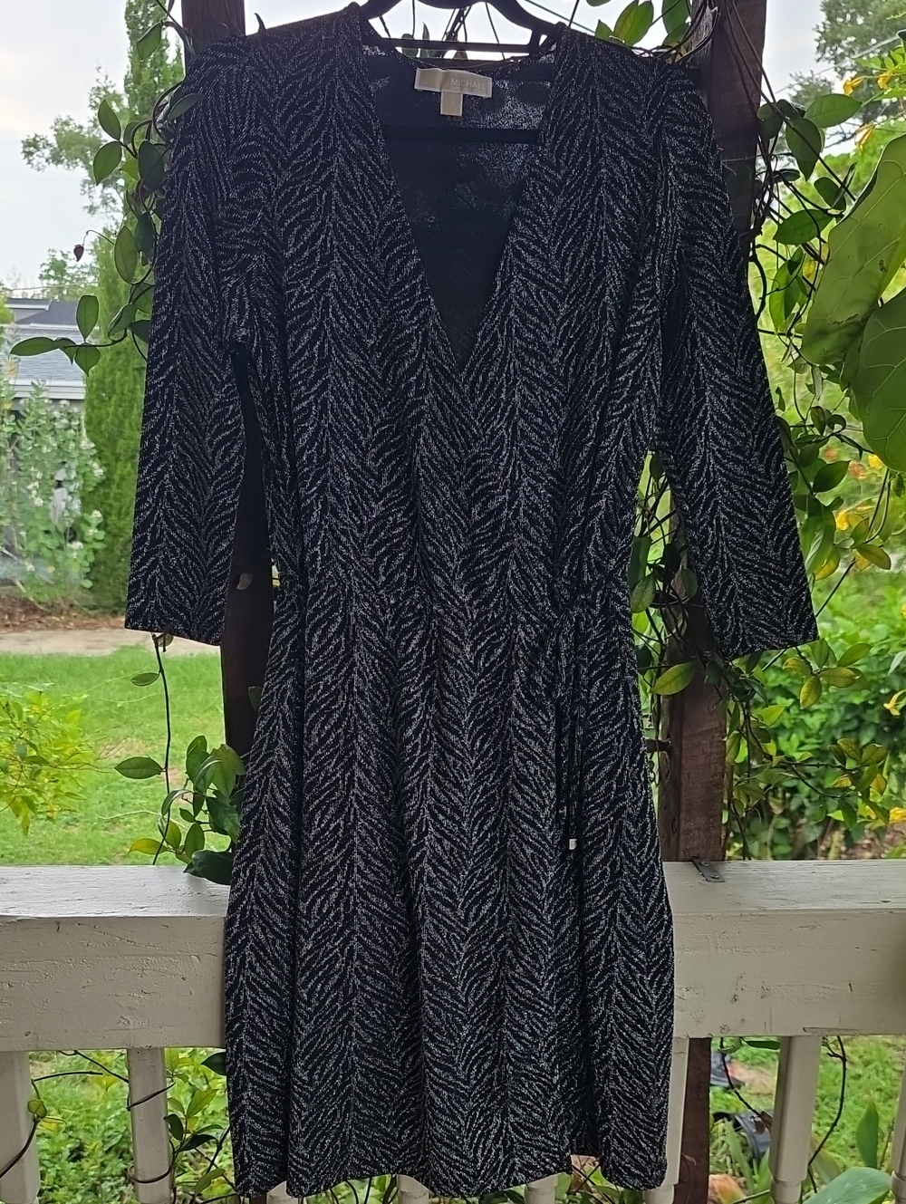 Michael Kors Metallic Wrap Dress Small Black Silver Shimmer Knit Cocktail S